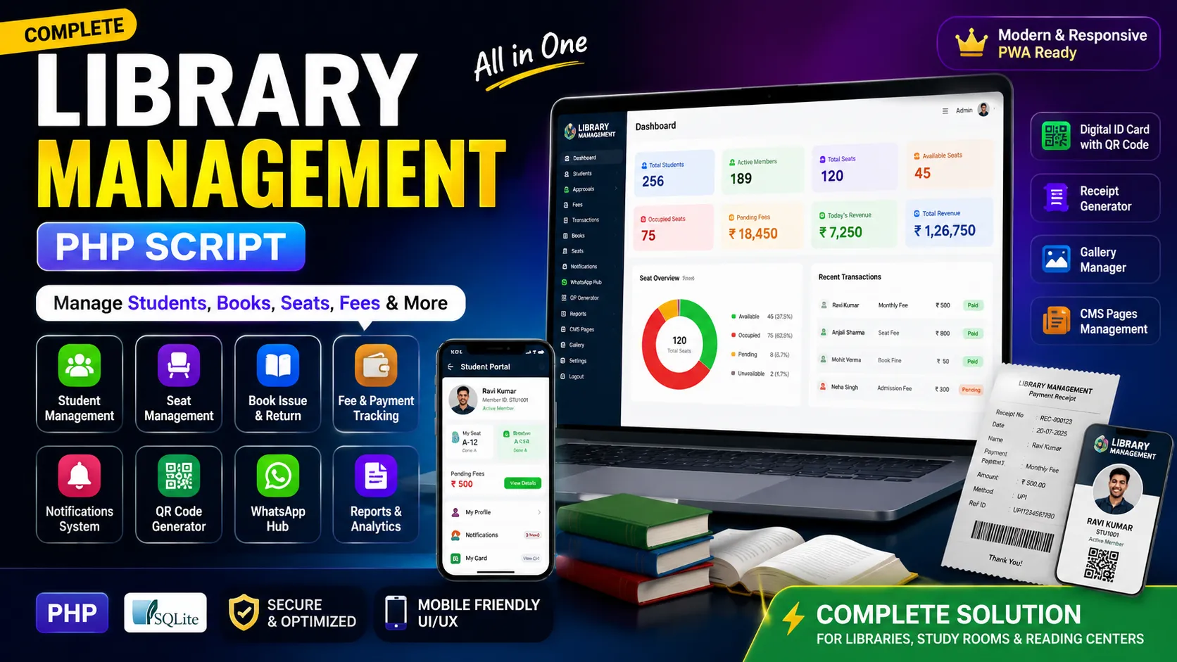 Library Management PHP Script with Seat Map, Fee Tracking, ID cards etc